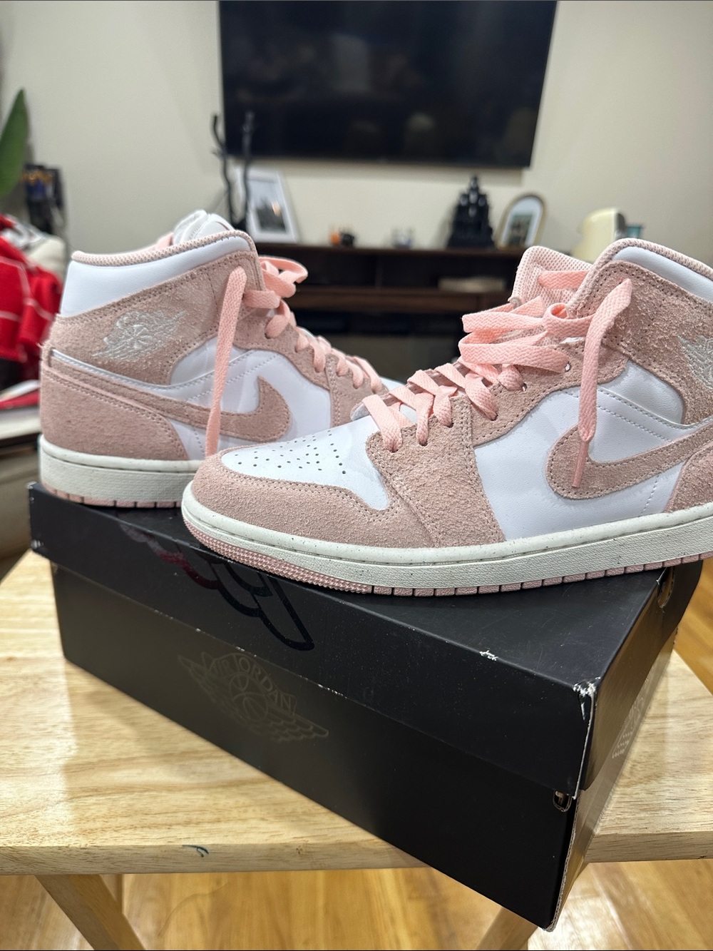 Nike Women's Mid-Top Pink and White Suede Sneakers